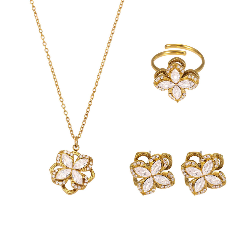 Ensembles De Colliers Élégants Pour Femmes, En Acier Inoxydable, Imperméables, Couleur Or, Ornés De Zircon Et De Fleurs. Image5
