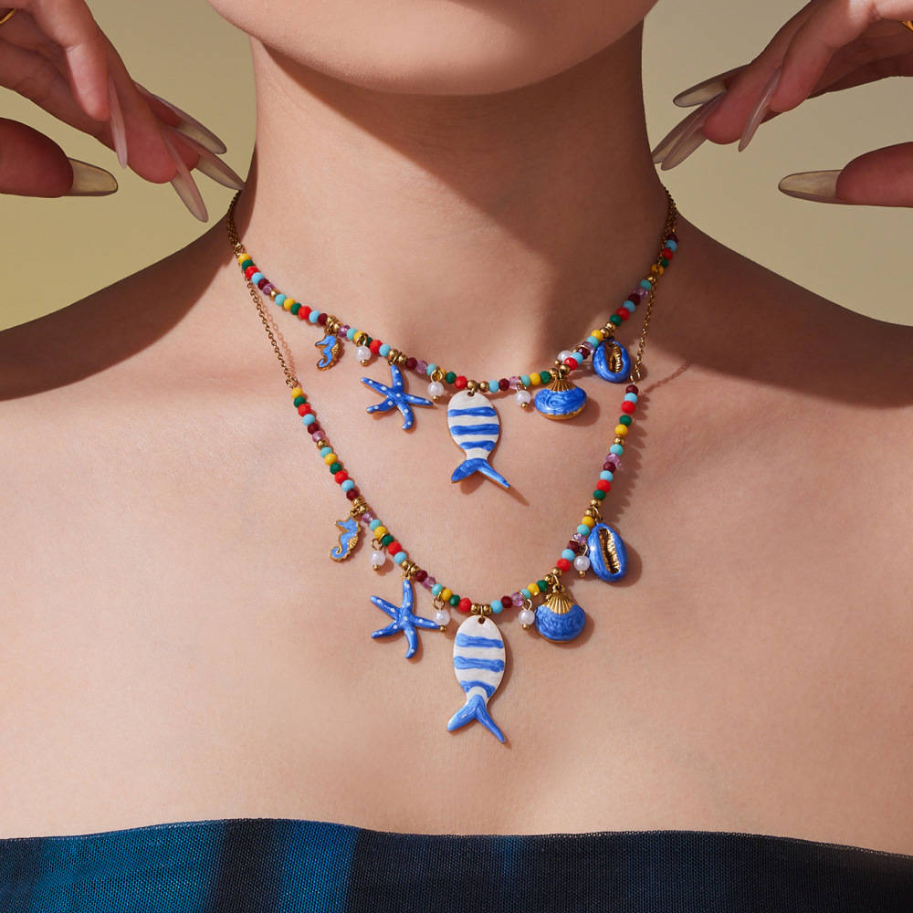Ensembles De Colliers Pour Femmes En Acier Inoxydable Doré, Émaillé, Motif Poisson, Style Vacances Océaniques h5Image3