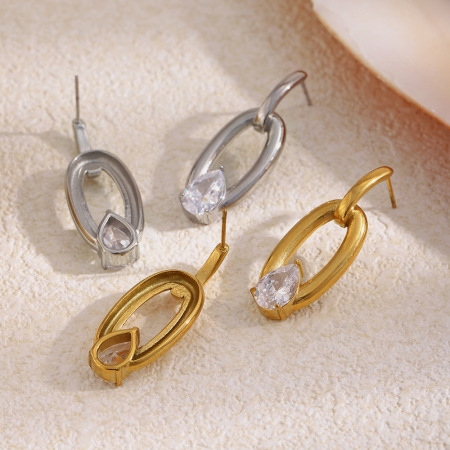 Boucles d'oreilles puces pour femmes, simples et élégantes, en acier inoxydable imperméable, couleur or, forme elliptique, ornées de zircon. 2