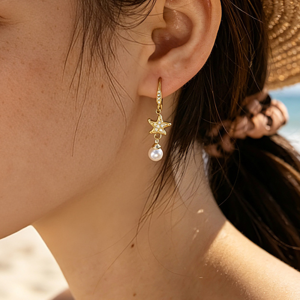 Boucles D'Oreilles Pendantes Élégantes En Acier Inoxydable, Imperméables, Couleur Or, Avec Zircon, En Forme D'Étoile De Mer. Image2