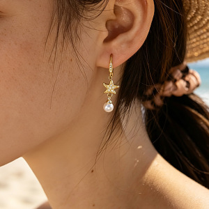 Boucles D'Oreilles Pendantes Élégantes En Acier Inoxydable, Imperméables, Couleur Or, Avec Zircon, En Forme D'Étoile De Mer. h5 Image2
