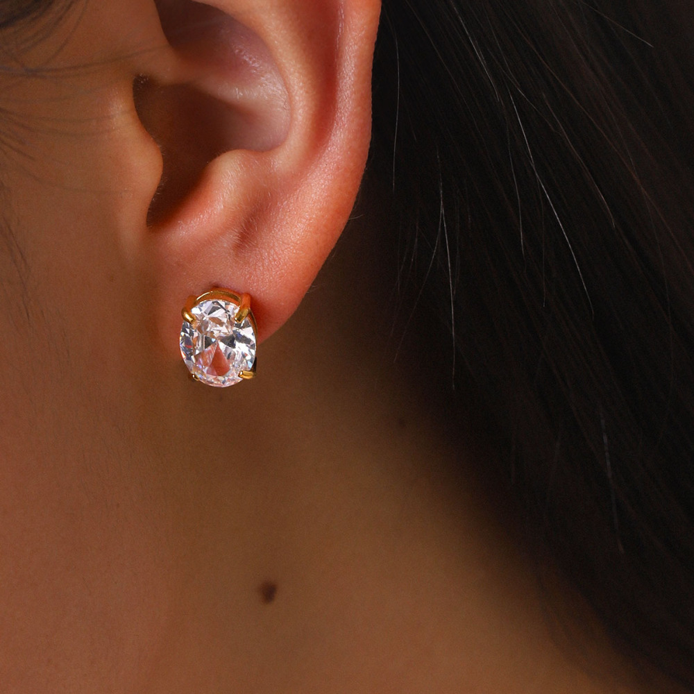 Boucles D'Oreilles Puces Pour Femmes, En Acier Inoxydable Étanche, Couleur Or, En Forme De Cœur Et D'Ellipse, Ornées De Zircon, Avec Un Motif Goutte Simple. Image5