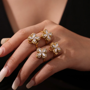 Ensembles De Colliers Élégants Pour Femmes, En Acier Inoxydable, Imperméables, Couleur Or, Ornés De Zircon Et De Fleurs. h5 Image2