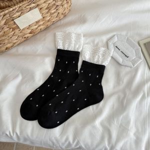 Chaussettes Mi-Mollet Élégantes À Pois En Dentelle, Légèrement Rebondissantes h5 