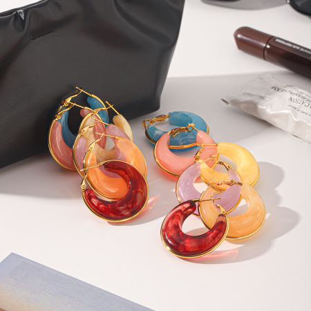 Boucles d'oreilles créoles rétro Simple Series Daily Circle en résine couleur or pour femmes 2