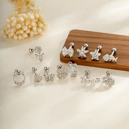 Boucles d'oreilles piercing pour femme, collection Simple, motif fleur, cœur, étoile et papillon, en cuivre et zircon.