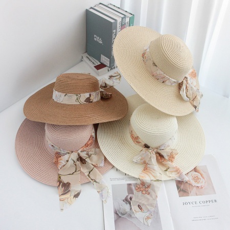 Chapeaux de paille en raphia pour femmes, collection Simple, avec nœud floral et ruban, style vacances 2