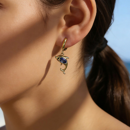 Boucles d'oreilles pendantes pour femme, style océanique, en acier inoxydable étanche, couleur or, motif dauphin, zircon.