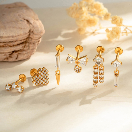 Boucles d'oreilles piercing femme en acier inoxydable étanche, couleur or, motif cœur, nœud papillon et étoile