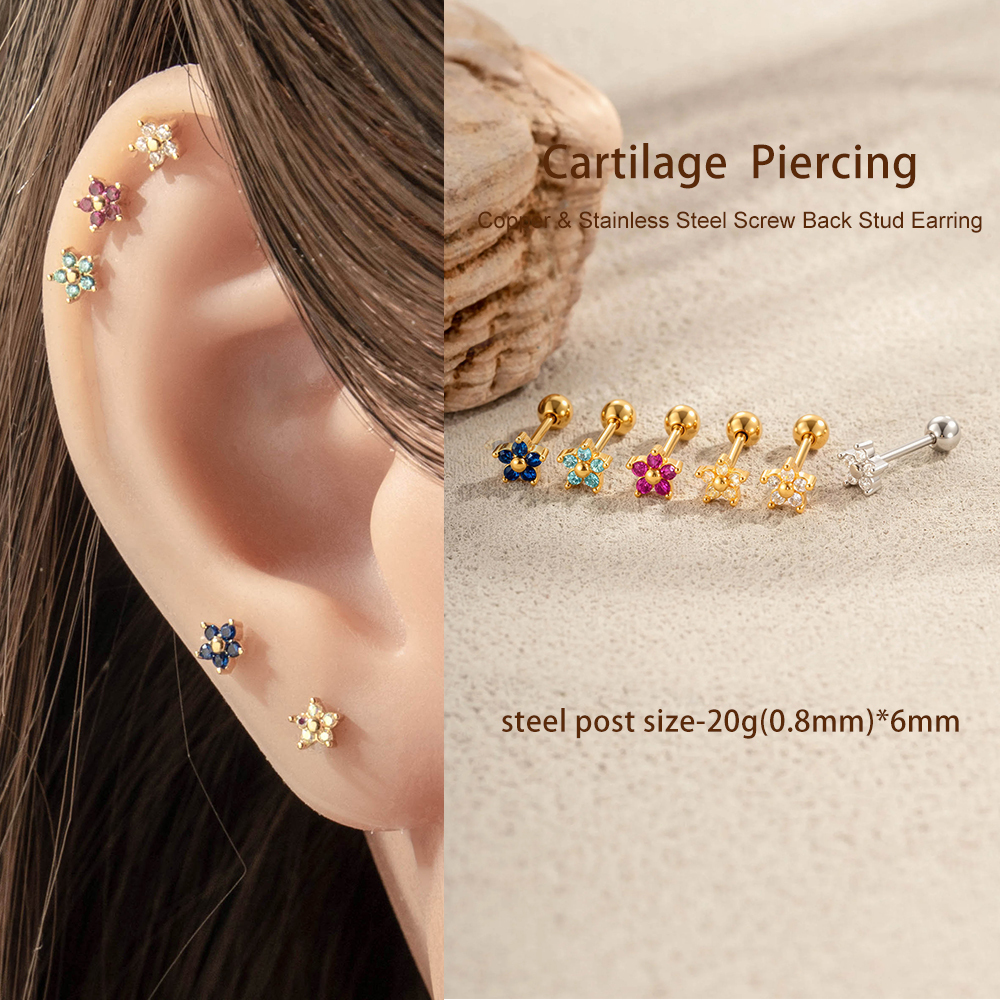 Boucles D'Oreilles Piercing Pour Femme, Motif Floral Simple, Couleur Cuivre Doré Et Zircon. Image5