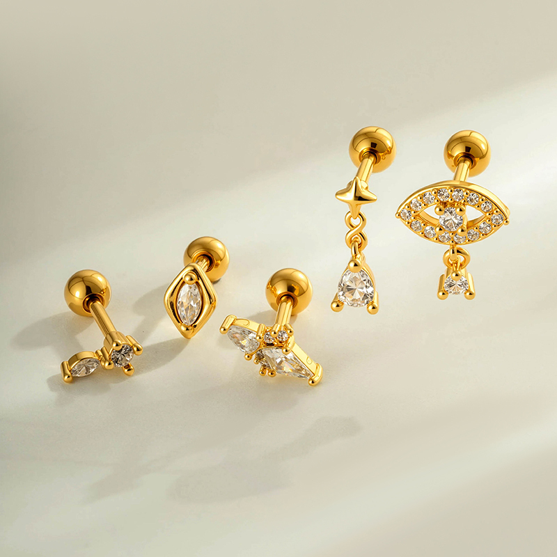 Boucles D'Oreilles Piercing Pour Femme, Forme Géométrique Simple, Couleur Cuivre Doré, Zircon. Image5
