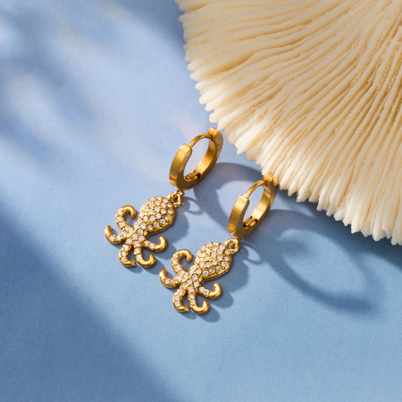 Boucles d'oreilles pendantes pour femme, style pieuvre, en acier inoxydable étanche, couleur or et zircon. 2