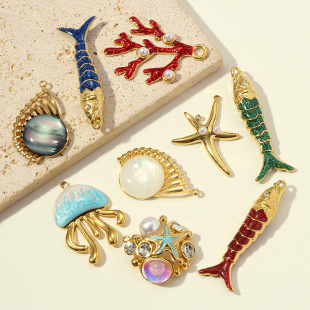 Pendentifs luxueux pour femmes, style océanique, coquillages et coraux, en acier inoxydable étanche, couleur or. 2