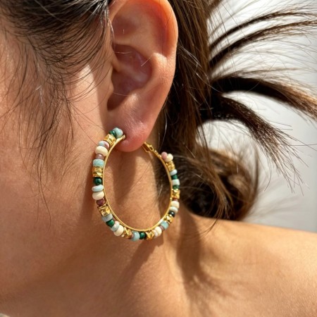 Boucles d'oreilles créoles pour femmes, en acier inoxydable, couleur or, avec perles de pierre naturelle et étanchéité.