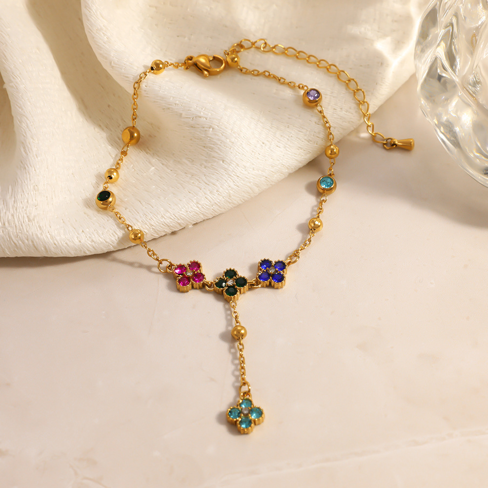 Bracelet De Cheville Élégant En Acier Inoxydable Imperméable Couleur Or Avec Motif Floral Et Zircon Image3