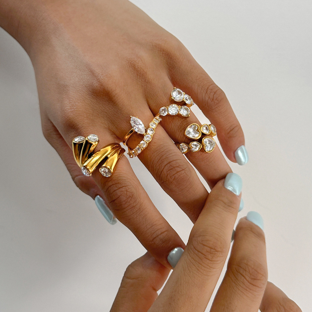 Bagues Pour Femmes En Acier Inoxydable De Forme Irrégulière, Étanches, Couleur Or, Serties De Zircon. Image3