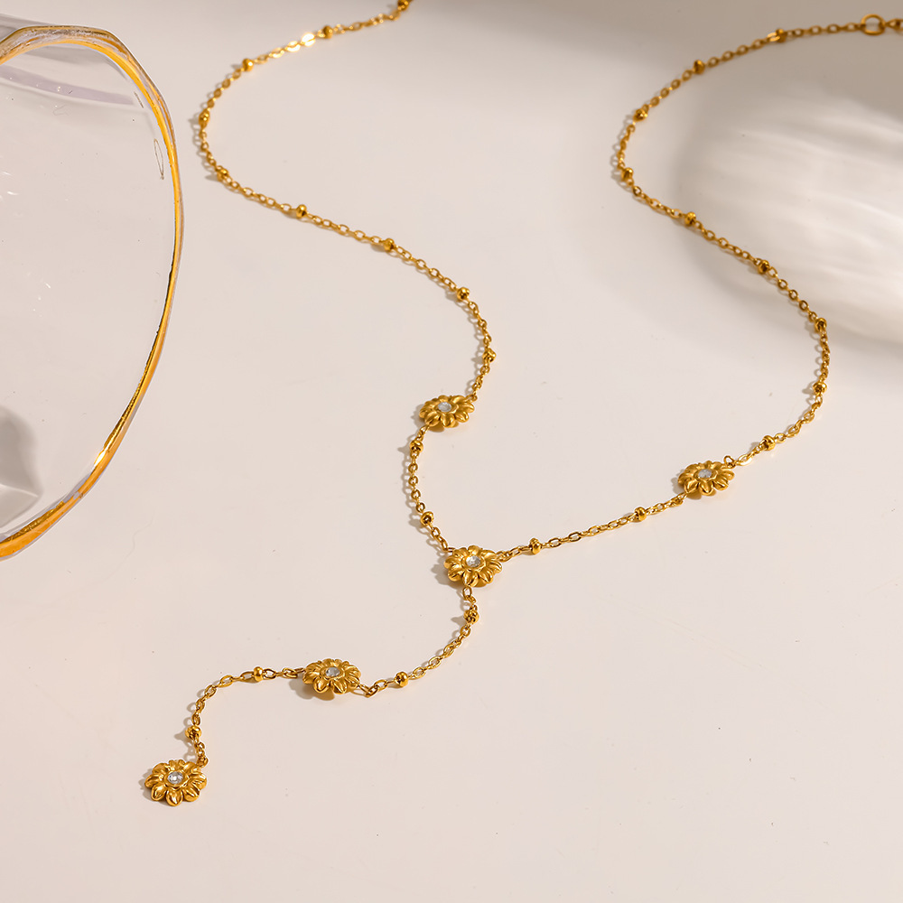 Colliers Pendentifs Romantiques Et Élégants En Acier Inoxydable, Couleur Or, Avec Zircon Et Motif Floral, Pour Femmes Image4