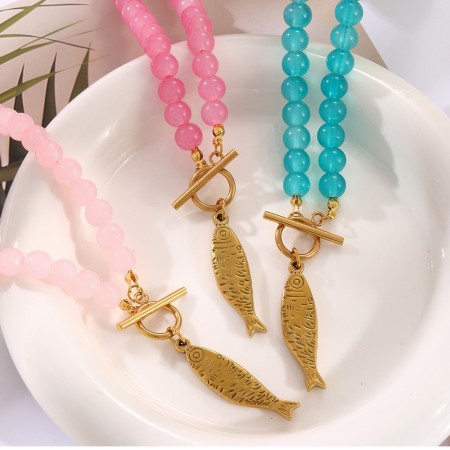 Colliers de perles pour femmes avec pendentif poisson en acier inoxydable et perles de verre de vacances 2