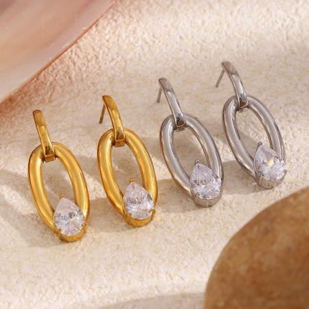 Boucles d'oreilles puces pour femmes, simples et élégantes, en acier inoxydable imperméable, couleur or, forme elliptique, ornées de zircon.