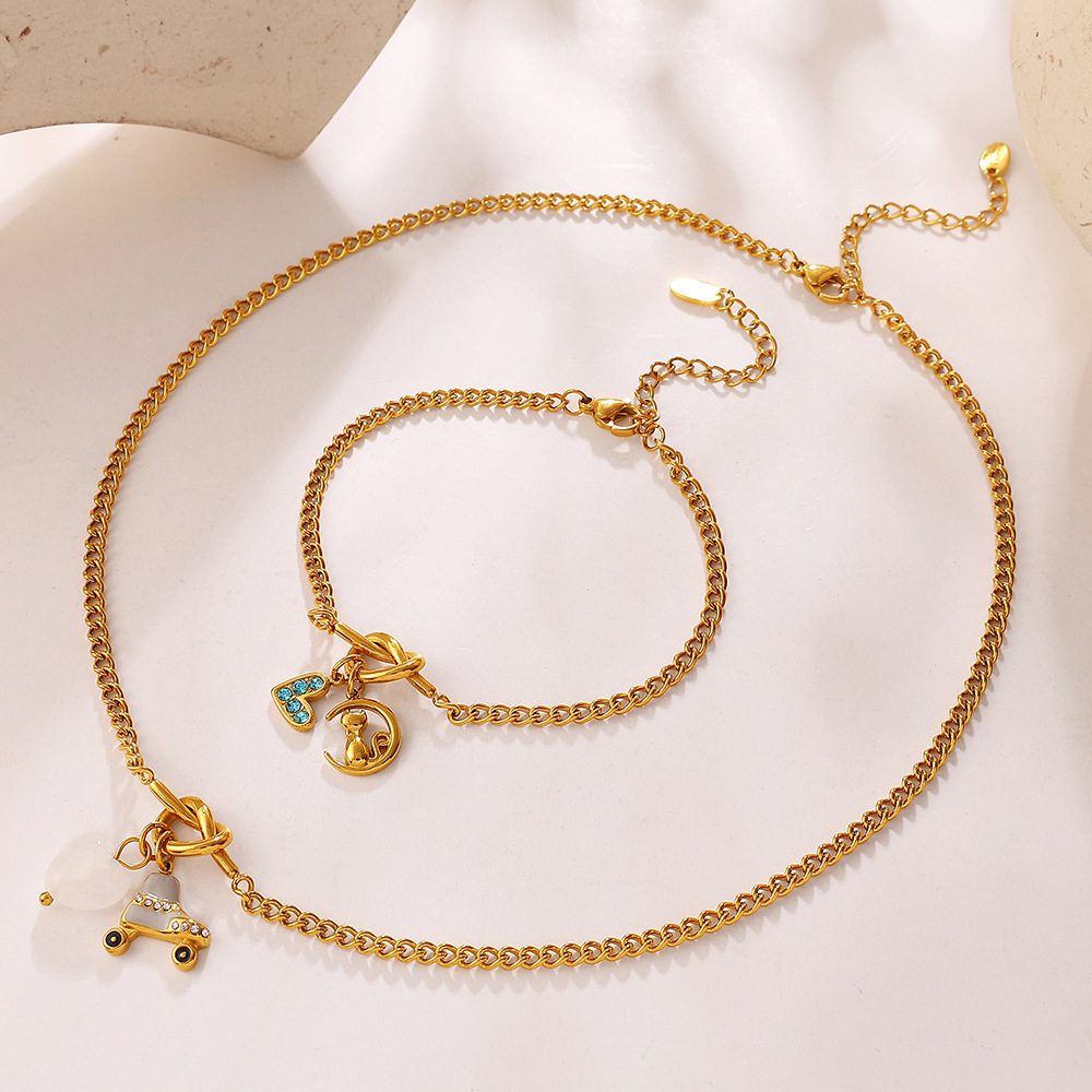 Ensembles De Bijoux Pour Femmes En Acier Inoxydable Imperméable, Couleur Or, Ornés De Strass Et De Zircon, Au Style Rétro En Forme De Cœur Et D'Animal. h5Image3