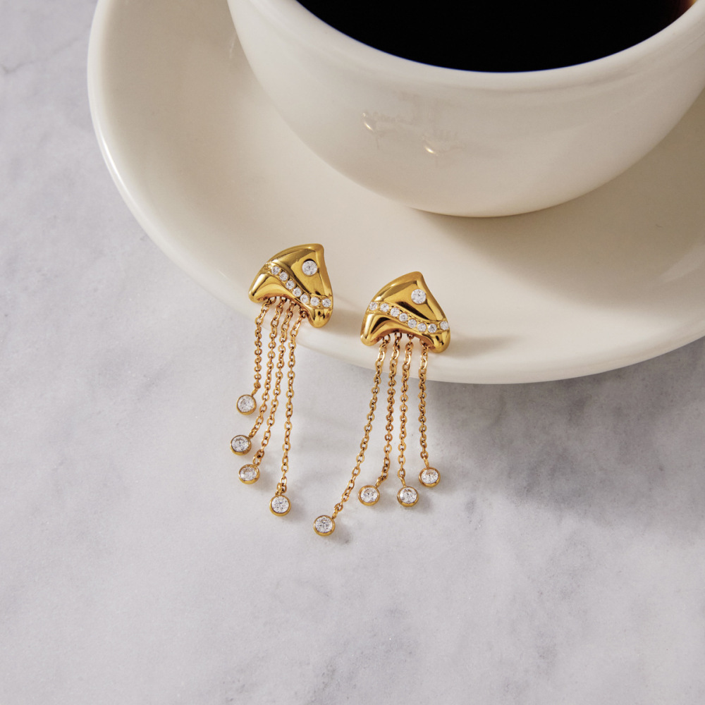 Boucles D'Oreilles Pendantes Pour Femme, Motif Poisson À Pompon, En Acier Inoxydable, Étanches, Couleur Or Et Zircon. Image4