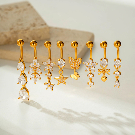 Piercings de nombril en zircon couleur cuivre et or, motif fleur simple, goutte, nœud papillon, étoile et papillon