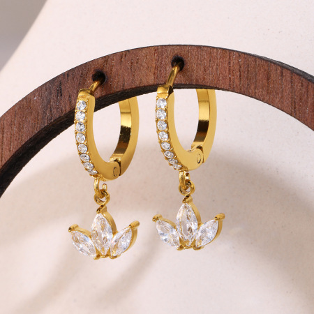 Boucles d'oreilles pendantes pour femme en acier inoxydable, étanches, couleur or, avec zircon et motif floral 2