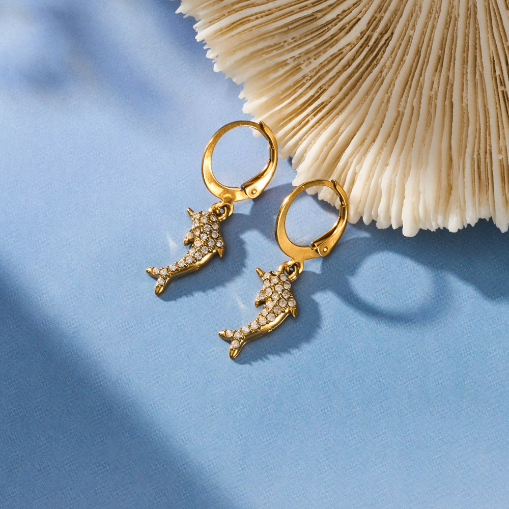 Boucles D'Oreilles Pendantes Pour Femme, Style Océanique, En Acier Inoxydable, Étanches, Couleur Or, Avec Zircon Et Motif Dauphin Mignon Image2