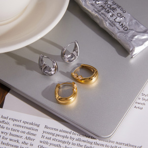 Boucles D'Oreilles Créoles Pour Femmes, En Acier Inoxydable Imperméable, Couleur Or, Forme Elliptique Simple, Ornées De Zircon. h5 Image3