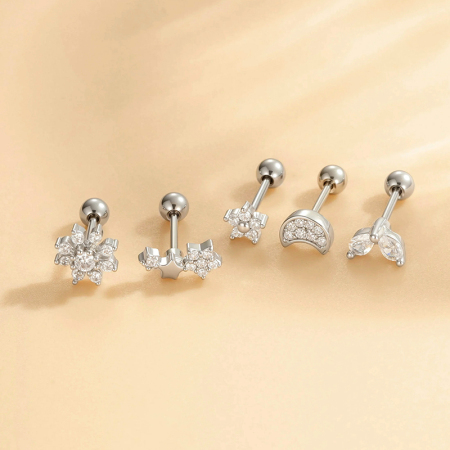 Boucles d'oreilles piercing femme, motif fleur simple, étoile et lune, en cuivre et zircon.
