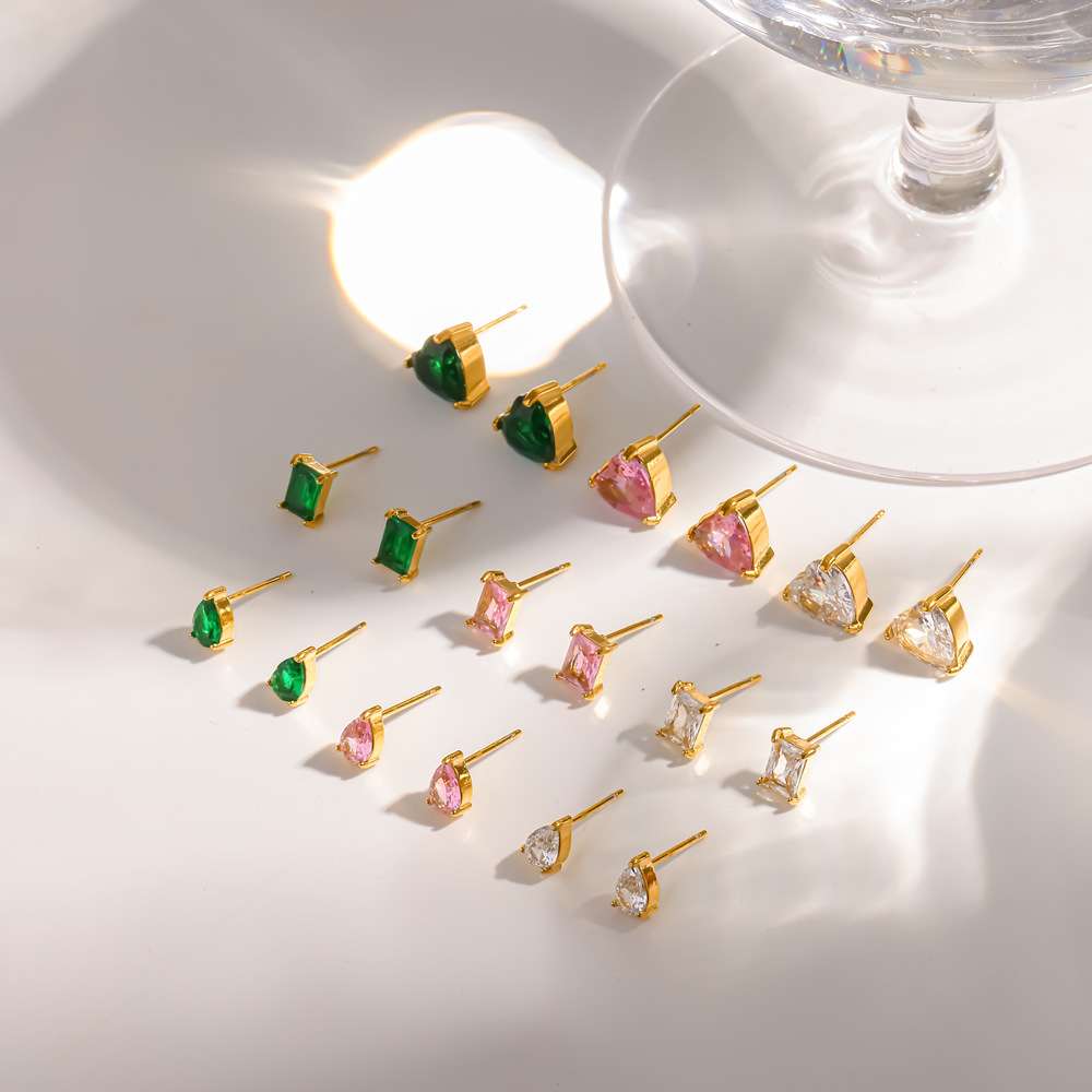 Boucles D'Oreilles Puces Pour Femmes, Forme Géométrique Simple, En Acier Inoxydable, Couleur Or, Imperméables, Avec Strass. Image3