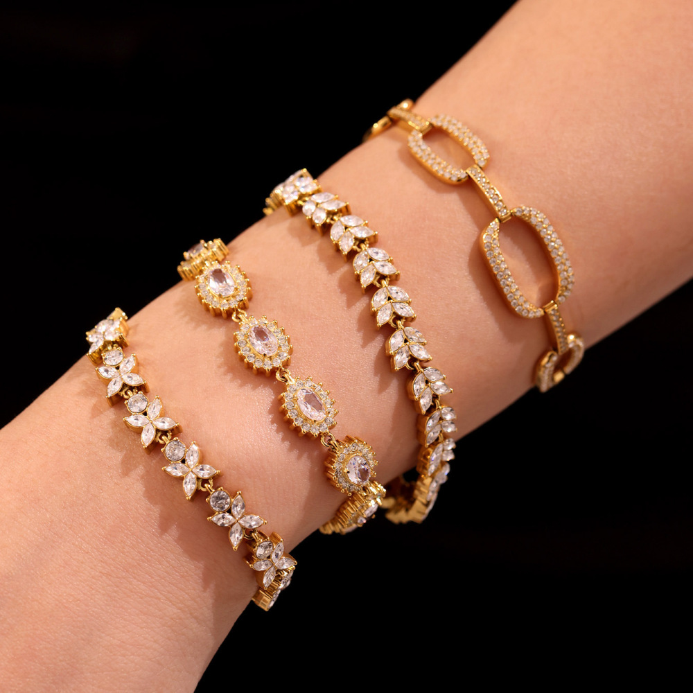 Bracelet Chaîne Femme Luxueux En Acier Inoxydable, Étanche, Couleur Or, Orné De Zircon Et D'Un Motif Floral Circulaire. Image4