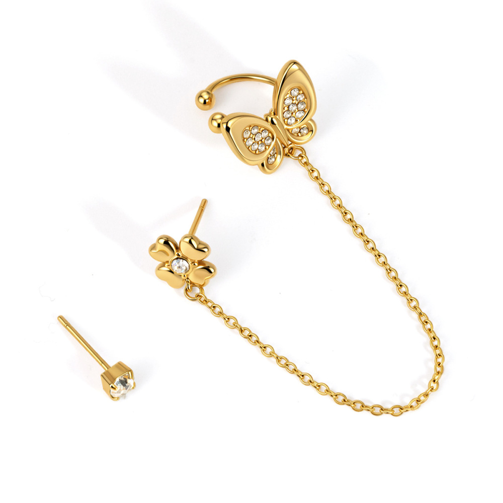 Boucles D'Oreilles Papillon À Pompon Doux En Acier Inoxydable Étanche Couleur Or Avec Zircon Pour Femmes Image5
