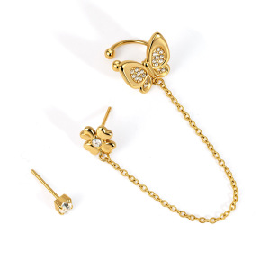 Boucles D'Oreilles Papillon À Pompon Doux En Acier Inoxydable Étanche Couleur Or Avec Zircon Pour Femmes h5 Image5