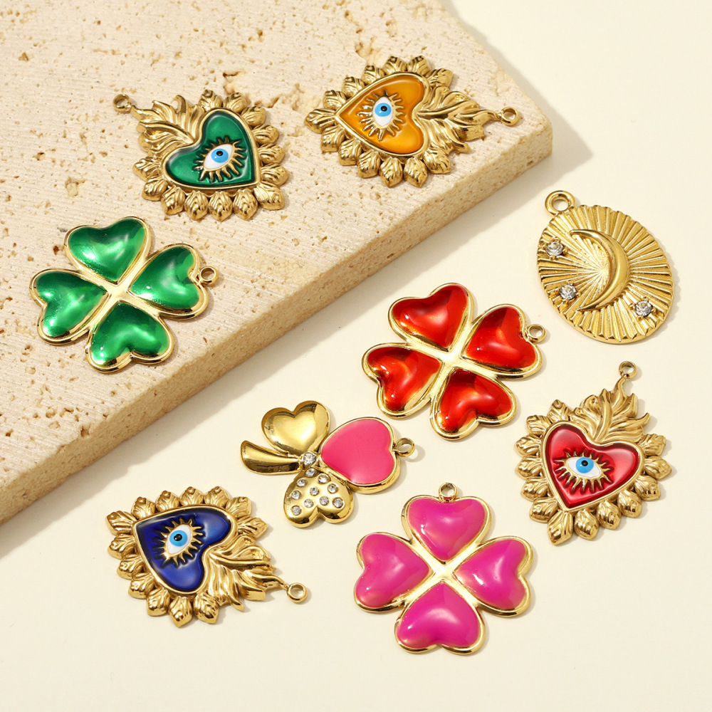 Pendentifs Femme Rétro En Émail, Œil Du Diable, Cœur Et Trèfle, En Acier Inoxydable Étanche, Couleur Or Image3