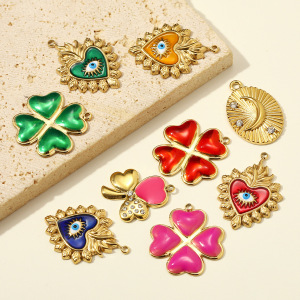 Pendentifs Femme Rétro En Émail, Œil Du Diable, Cœur Et Trèfle, En Acier Inoxydable Étanche, Couleur Or h5 Image3