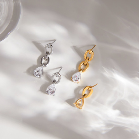 Boucles d'oreilles pendantes pour femme, style simple, rondes, en acier inoxydable, étanches, couleur or, avec zircon triangulaire.