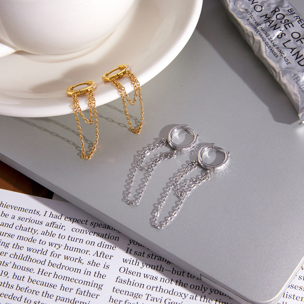 Boucles D'Oreilles Pendantes Pour Femmes, En Acier Inoxydable Imperméable Avec Strass Et Pompon Image2