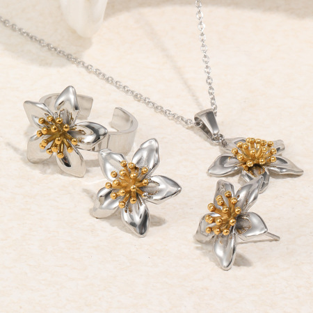 Ensembles de bijoux pour femmes en acier inoxydable doré, étanches, avec motif floral classique mêlant or et argent. 2