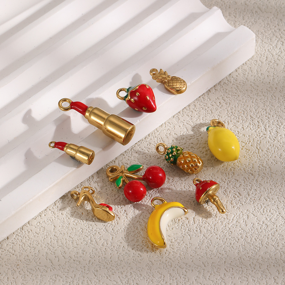 Pendentifs Pour Femmes En Acier Inoxydable, Couleur Or, Ornés De Jolis Fruits Émaillés. Image2