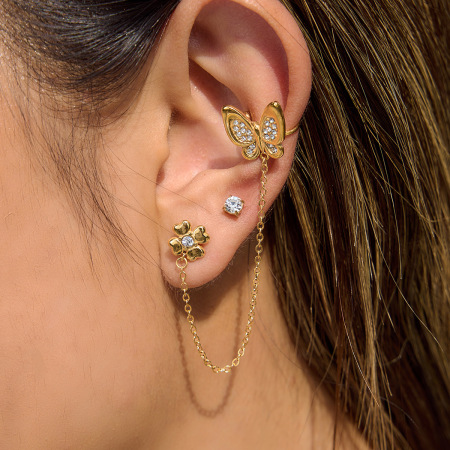 Boucles d'oreilles papillon à pompon doux en acier inoxydable étanche couleur or avec zircon pour femmes