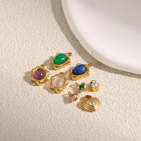 Pendentifs pour femmes à monter soi-même, en acier inoxydable, couleur or, forme géométrique classique, étanches, avec pierre naturelle et zircon.
