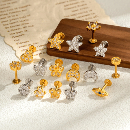 Boucles d'oreilles piercing pour femme, motif fleur, cœur, étoile, papillon, lune, couleur cuivre et or, zircon. 2