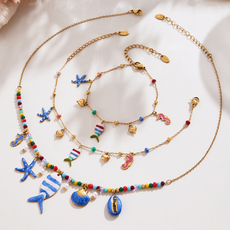 Ensembles de colliers pour femmes en acier inoxydable doré, émaillé, motif poisson, style vacances océaniques 2