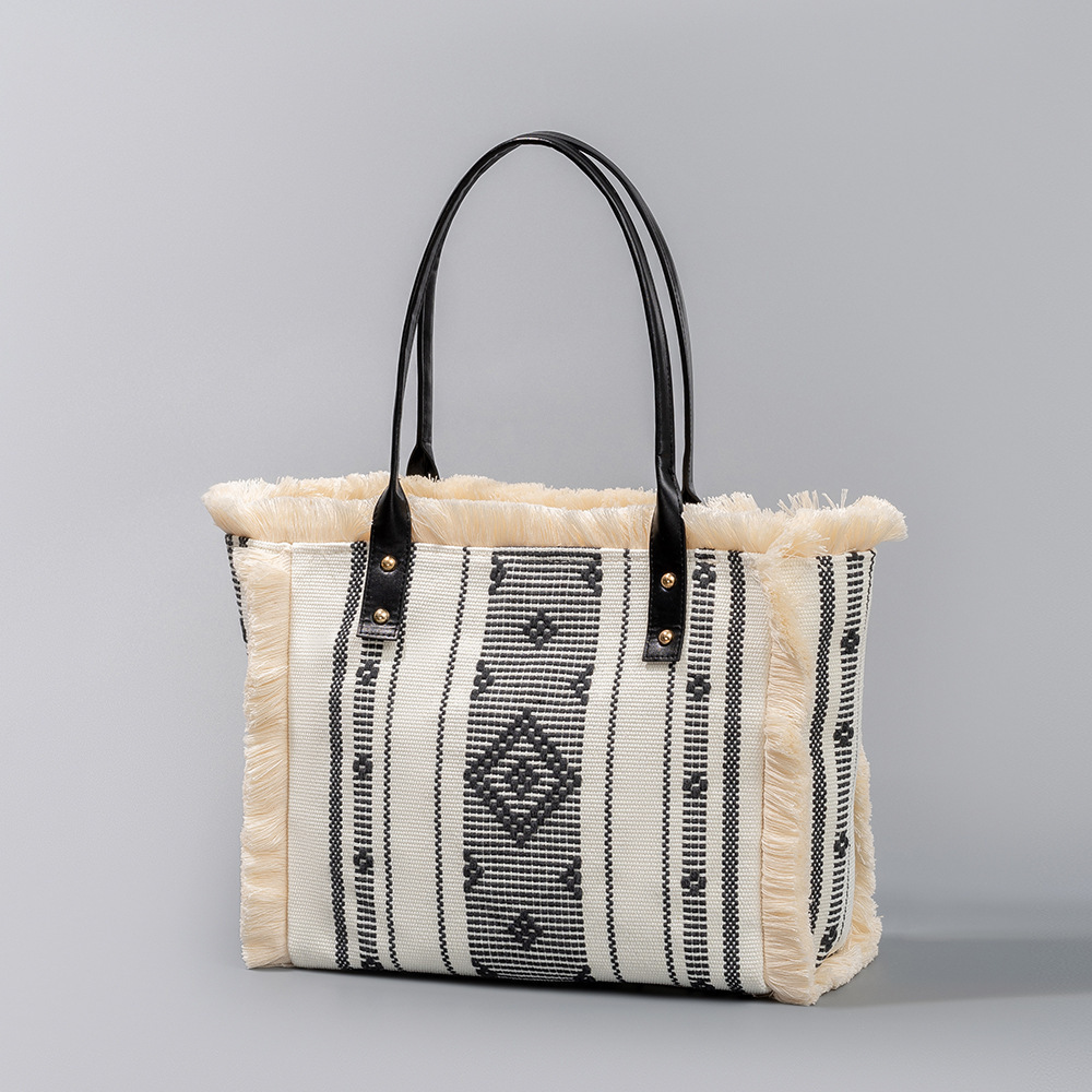 Sac Cabas Femme En Toile À Pompons Géométriques Style Décontracté