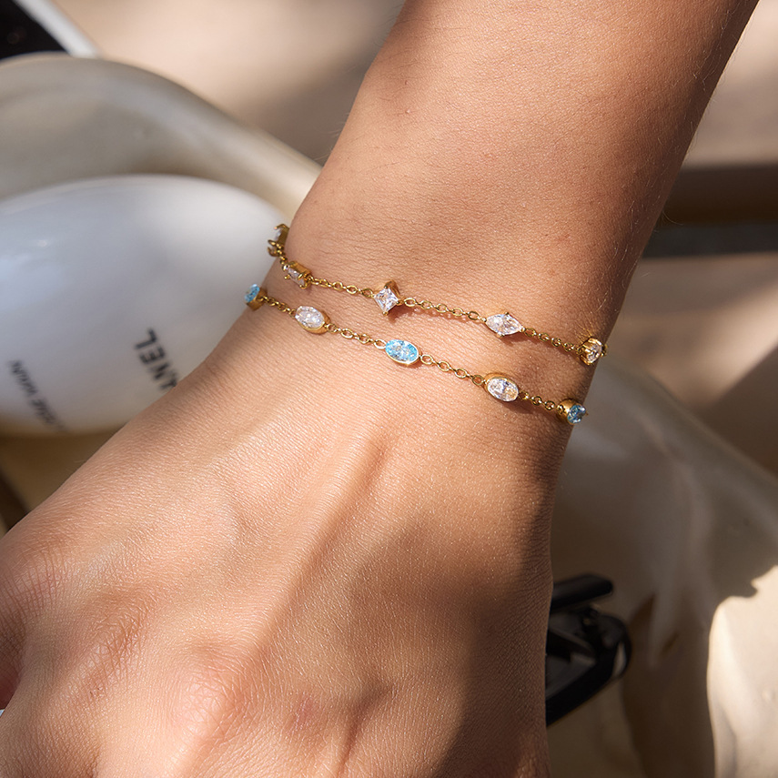 Bracelet À Maillons Pour Femme En Acier Inoxydable, Couleur Or, Avec Zircon, Forme Simple Cœur Elliptique. h5Image3