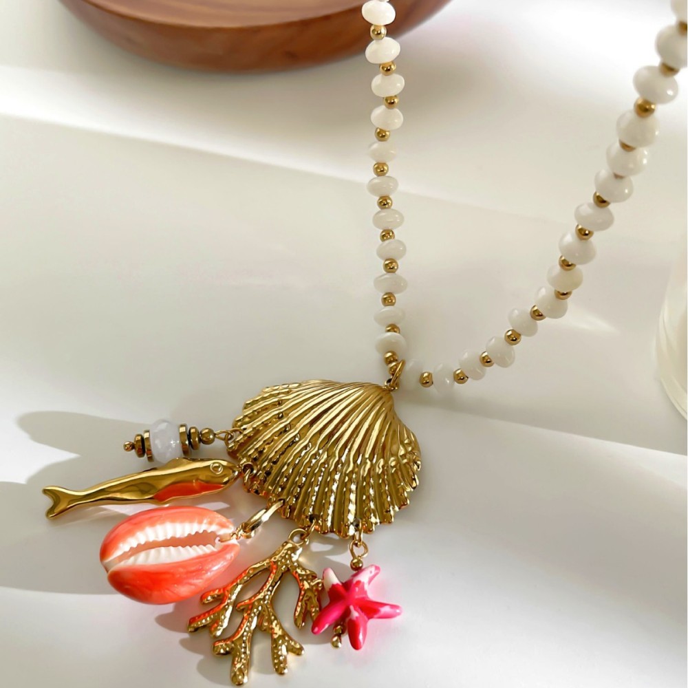 Colliers De Perles Pour Femmes, Style Océanique, En Acier Inoxydable, Étanches, Couleur Or, Avec Poissons Et Pierres Naturelles Image3