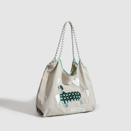 Sac fourre-tout femme en nylon à motif teckel duveteux et froncé, style décontracté 2