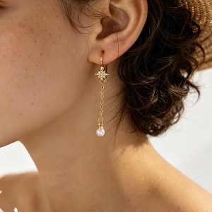 Boucles D'Oreilles Pendantes Élégantes En Acier Inoxydable, Imperméables, Couleur Or, Avec Zircon, En Forme D'Étoile De Mer. h5 Image3