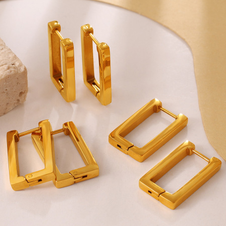 Boucles d'oreilles créoles rectangulaires pour femmes, en acier inoxydable étanche, couleur or.